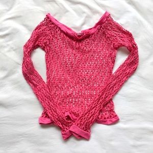 Neon Pink Open Fishnet Long Sleeve Club Festival Top Stretchy